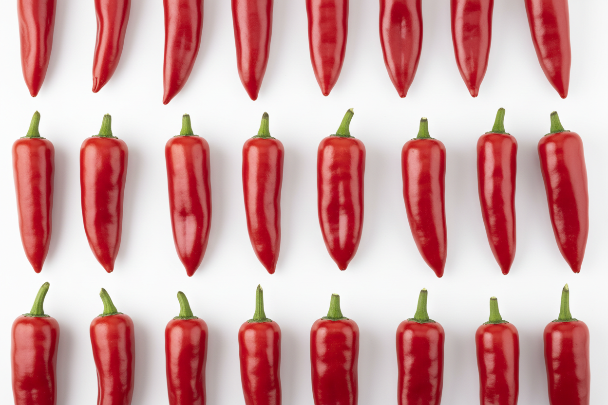 “Create a high-quality, realistic image of fresh red cayenne peppers arranged neatly on a pure white background. Use soft, even lighting with no shadows or extra elements. Clean, minimal, professional product photography style.”