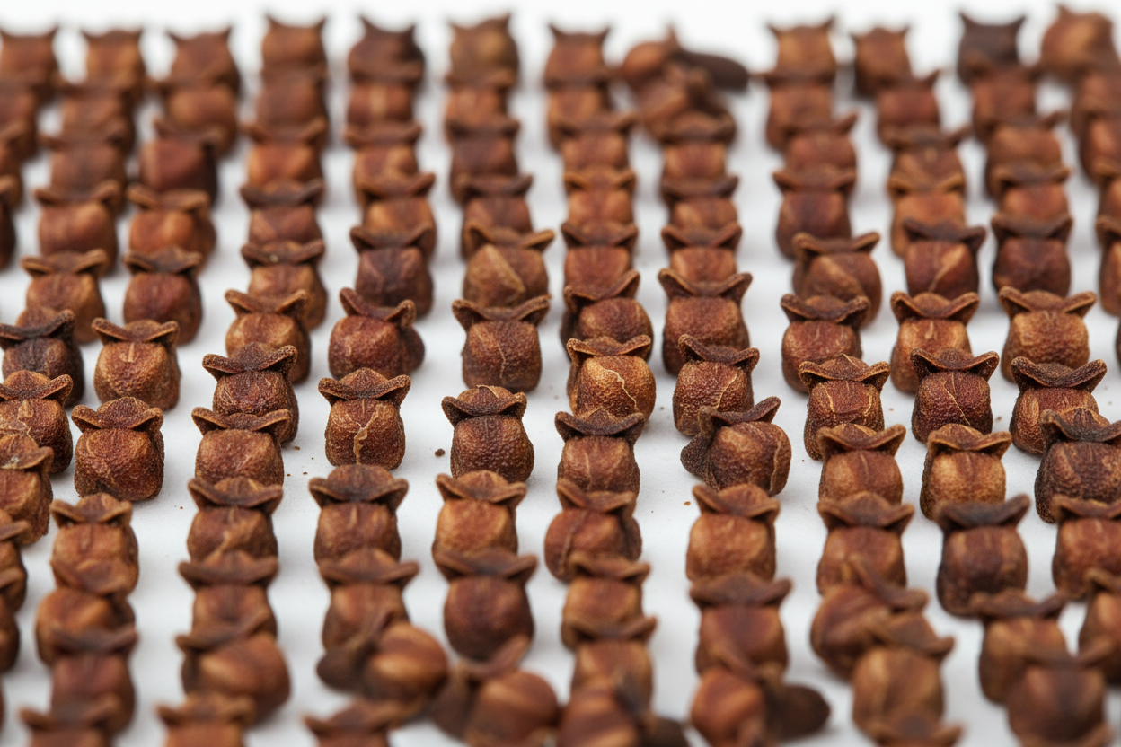 Create a high-resolution image of dried clove buds arranged neatly on a pure white background. Show their natural brown color and textured surface clearly. Keep the lighting soft and the style minimal.