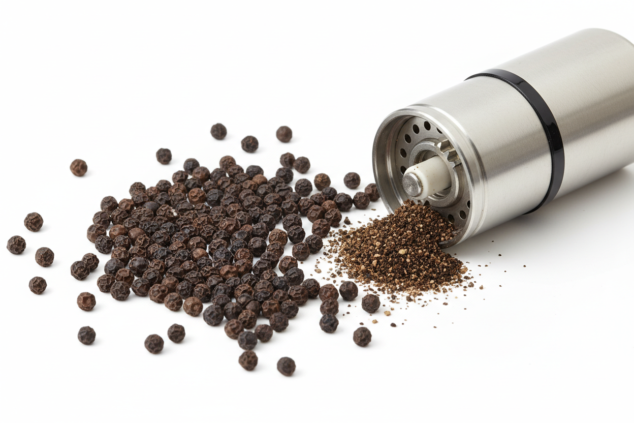“Create a professional image of whole black peppercorns and a cracked-open pepper grinder-style texture. Display them on a clean white background with minimal shadows and neutral lighting.”
