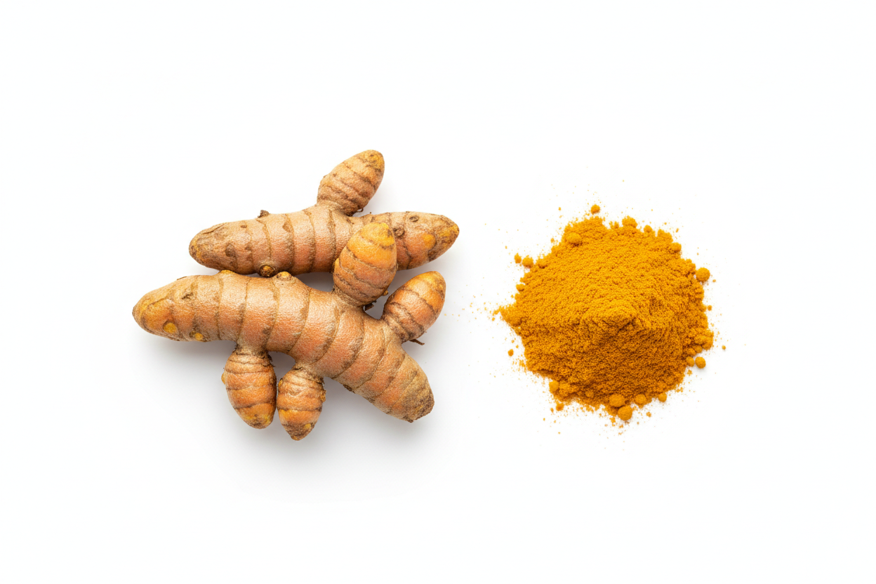 “Generate a detailed, realistic image of turmeric root and a small pile of turmeric powder beside it. Place everything on a plain white background with soft lighting. No clutter, no added objects.”