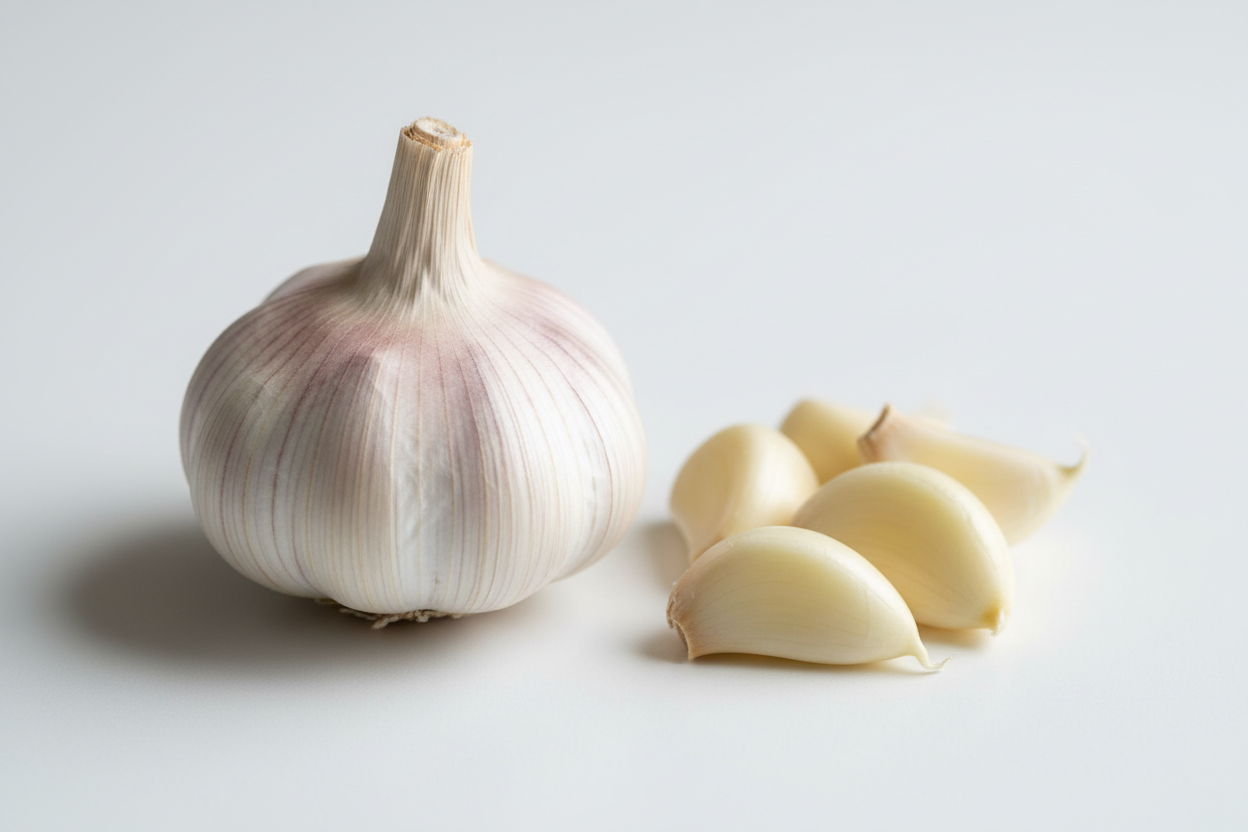 Generate a realistic image of a garlic bulb and a few peeled garlic cloves placed beside it. Use a plain white background with clean, soft lighting to highlight the natural texture. No additional items.