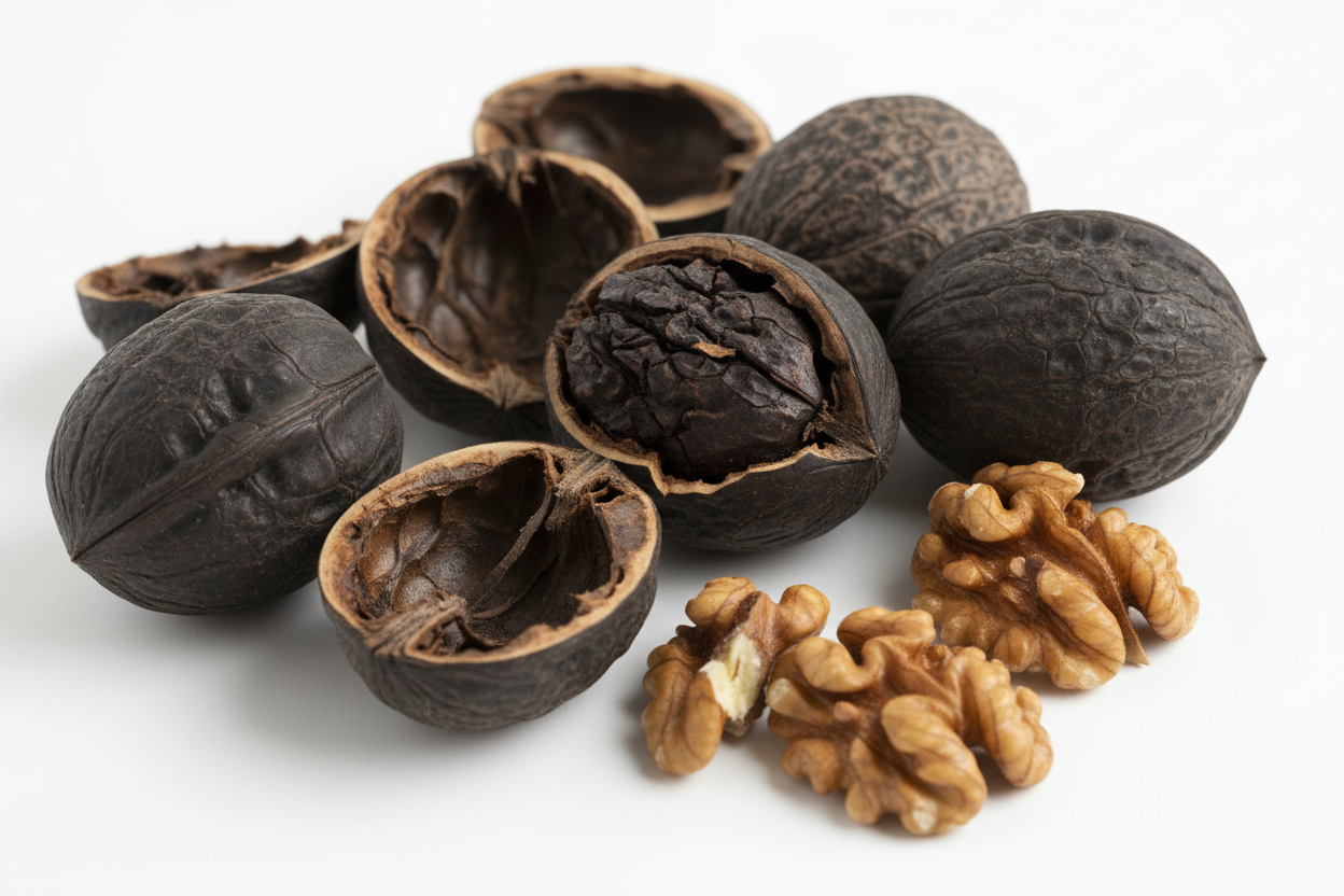 Generate a realistic image of black walnut hulls and shelled walnut pieces. Include both whole and cracked walnut shells to show texture. Display them on a clean white background with soft lighting and no extra elements.