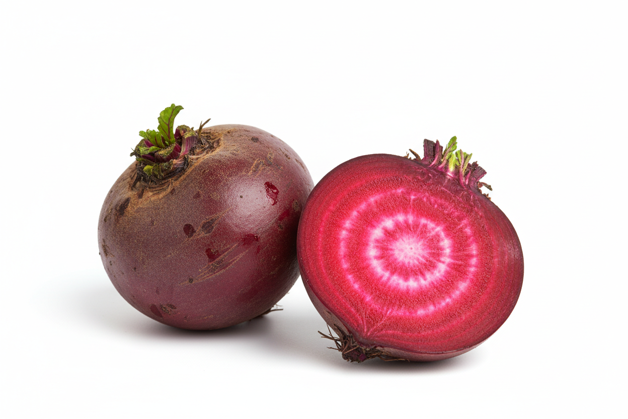 “Produce a high-resolution image of fresh beetroot, including one whole beet and one sliced piece showing the inner rings. Place them on a pure white background with soft, balanced lighting for a clean, modern look.”